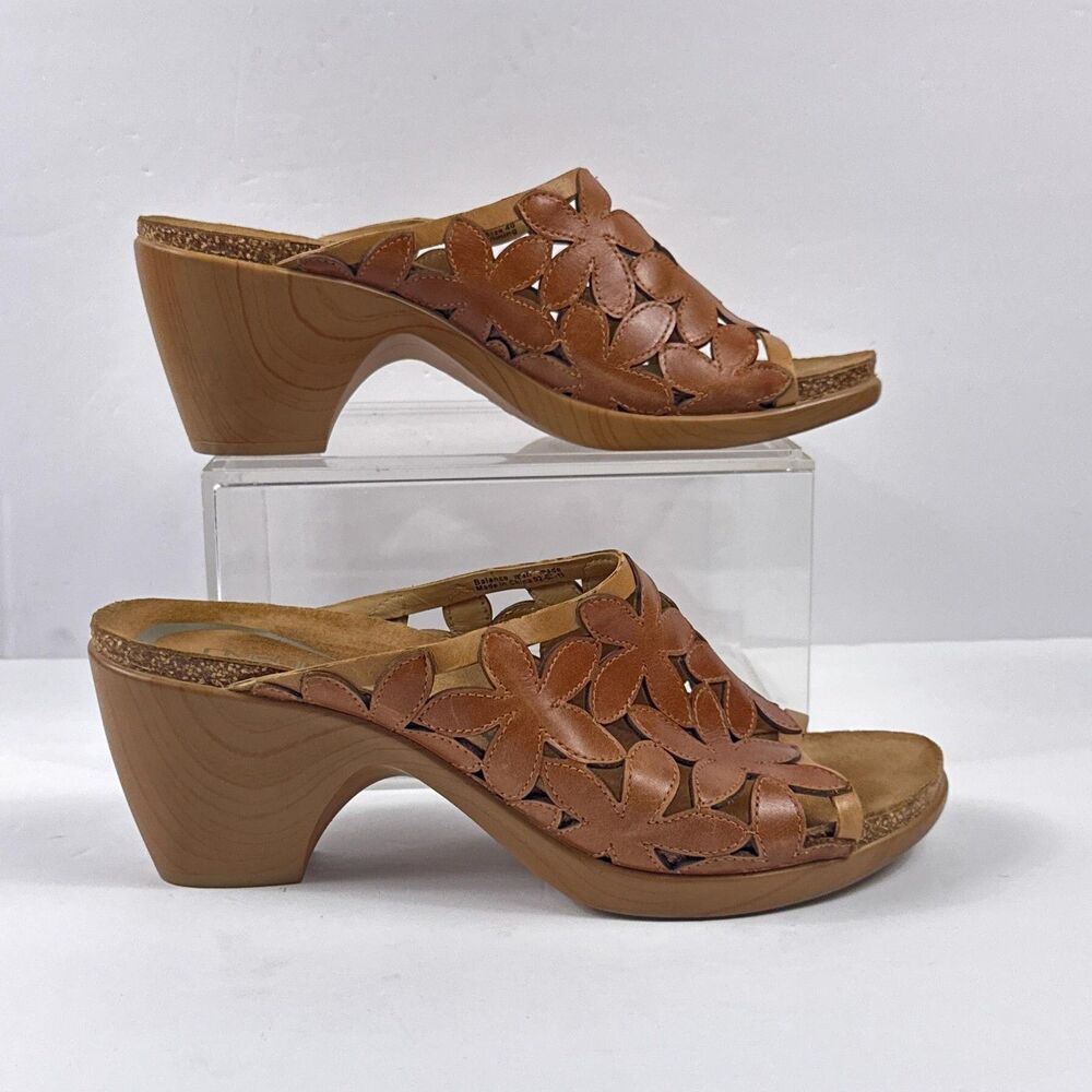 Dansko Clarrisa Sandals Womens 40 Brown Leather Floral Cutout Mule Slide Heels - Picture 2 of 11